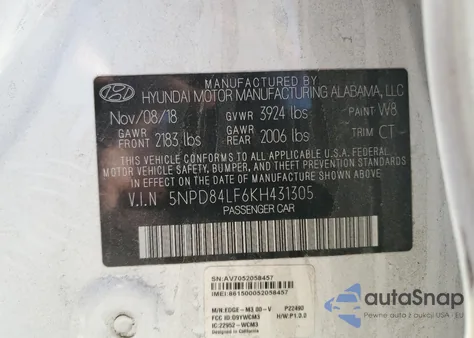 2019 Hyundai Elantra Sel z USA, uszkodzony, nr VIN 5NPD84LF6KH431305